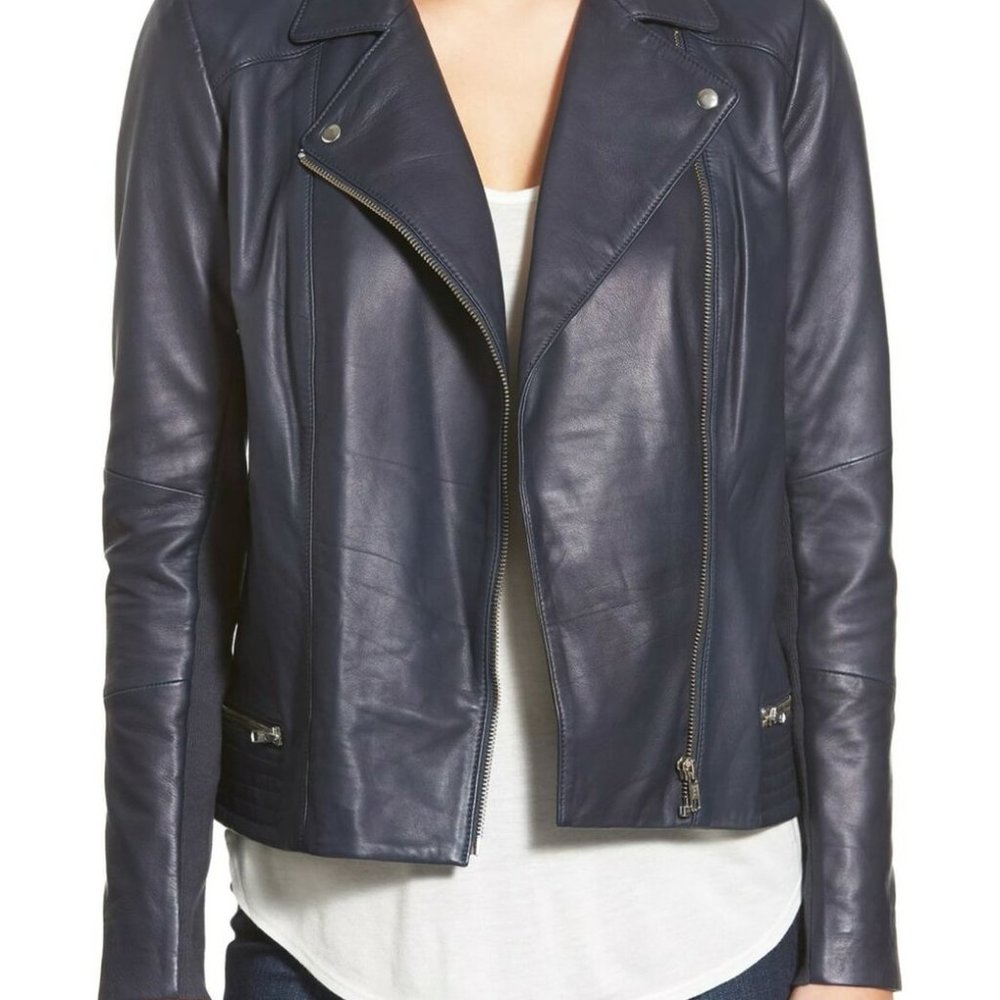FREE SHIPPING TROUVE Navy Leather Moto Jacket